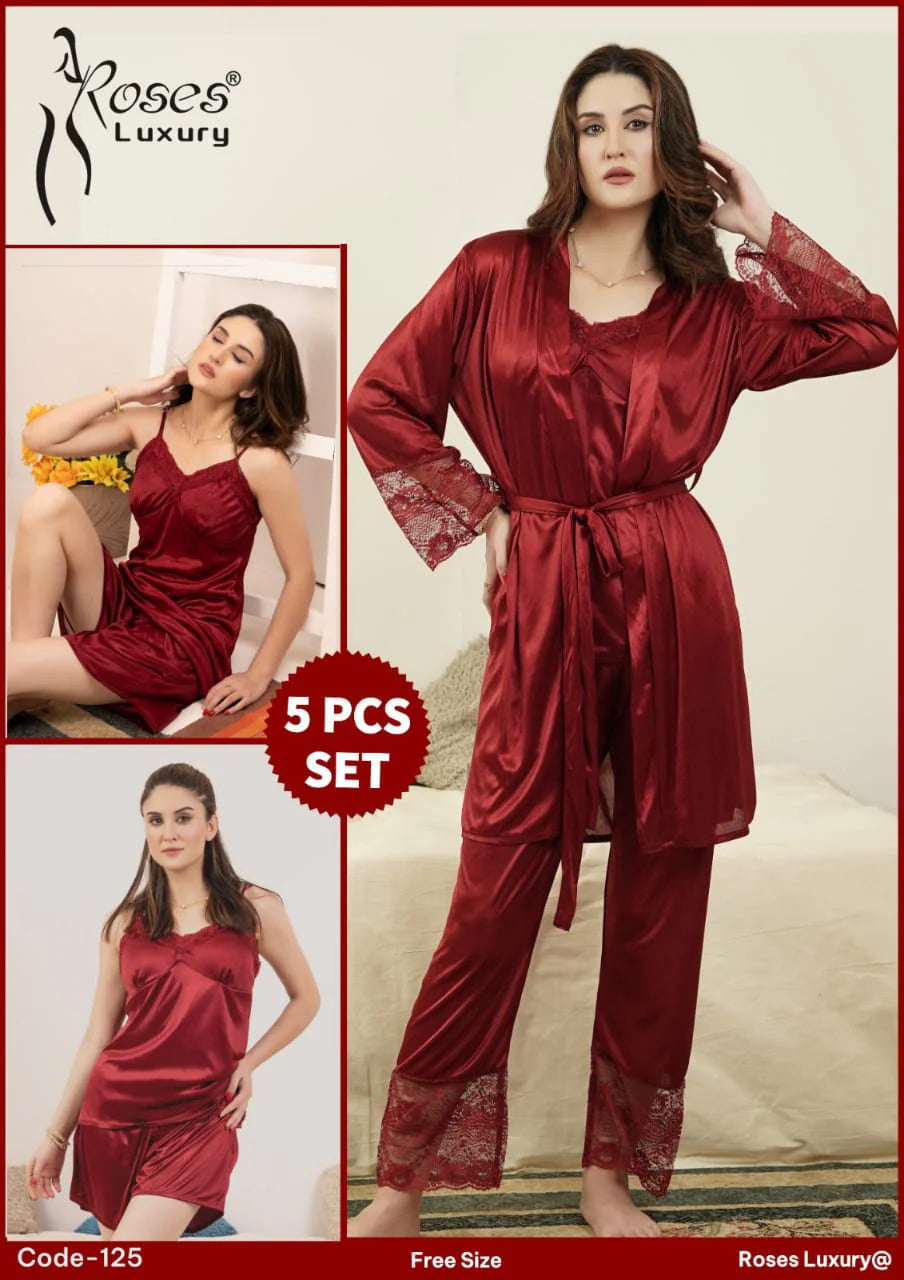 Turkish Style Rose Luxury Silk 5 Pcs Nighty Wear 😍 Premium Quality 😍